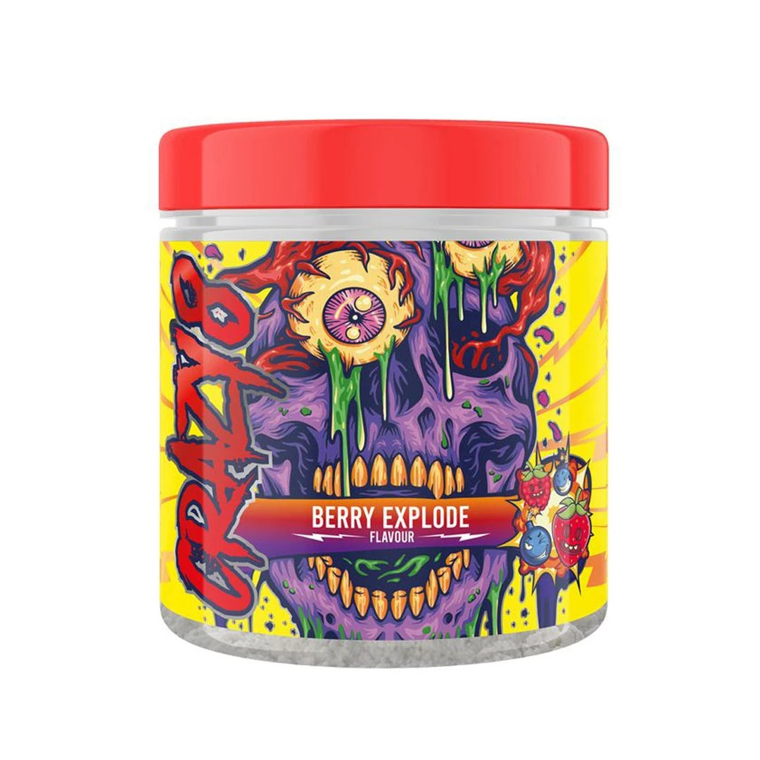 Swedish Supplements Crazy 8 325 g PWO-jauhe punakantisessa, pääkallokuvioidussa purkissa, makuna Berry Explode.