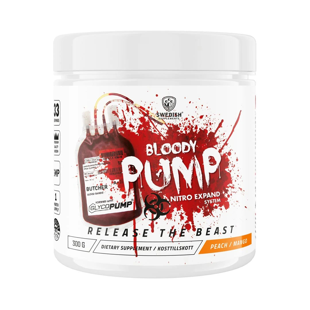 Swedish Supplements Bloody Pump 300 g -pre-workout-jauhe valkoisessa purkissa punaisella grafiikalla, makuna Peach Mango.