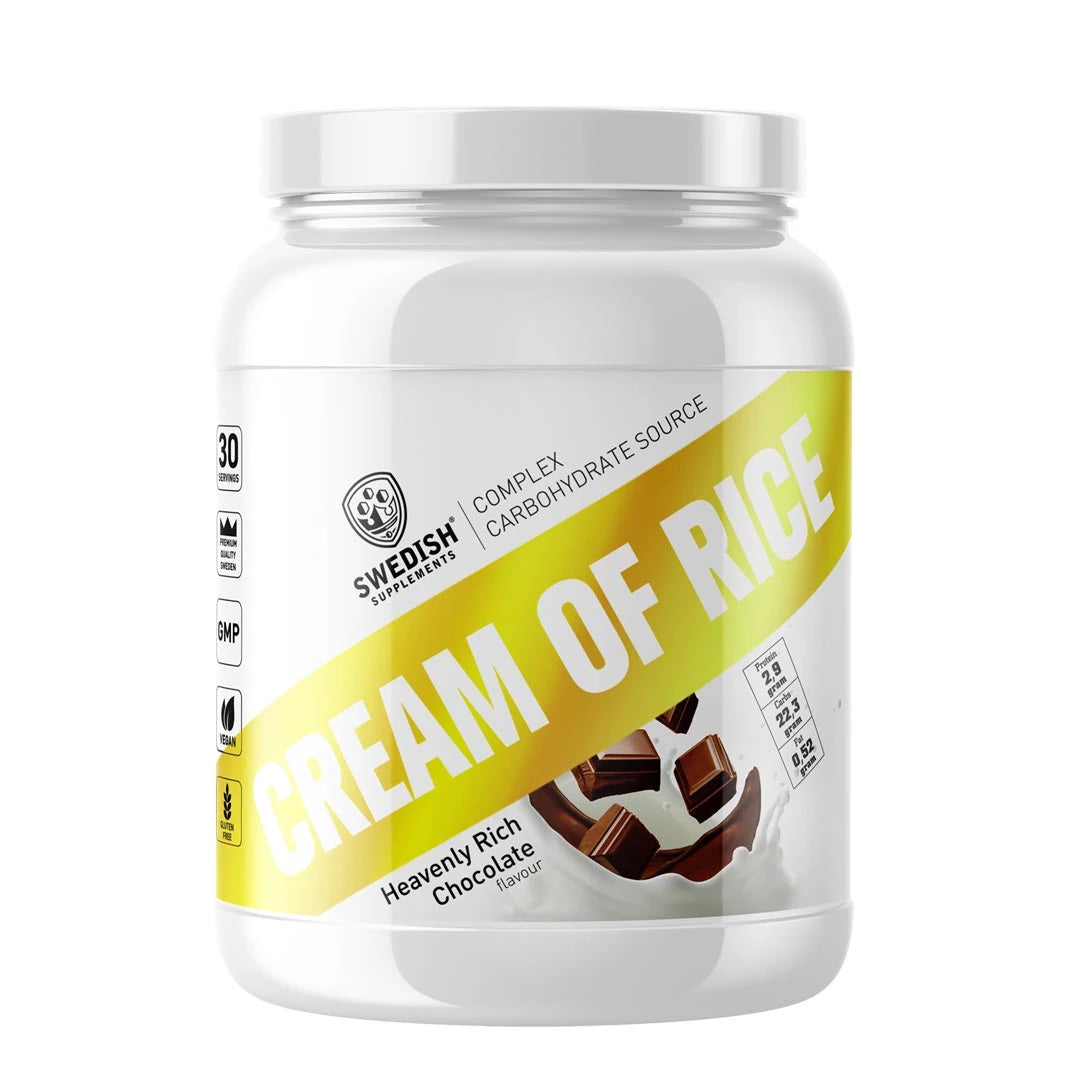 Swedish Supplements Cream of Rice 1 kg -hiilihydraattijauhe valkoisessa purkissa, makuna Heavenly Rich Chocolate.