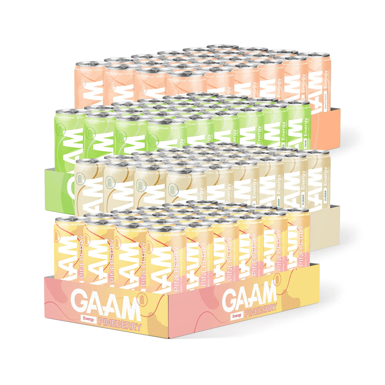 96 x GAAM Energy 330 ml Mixflak, neljä pinottua laatikkoa värikkäitä energiajuomatölkkejä eri mauissa.