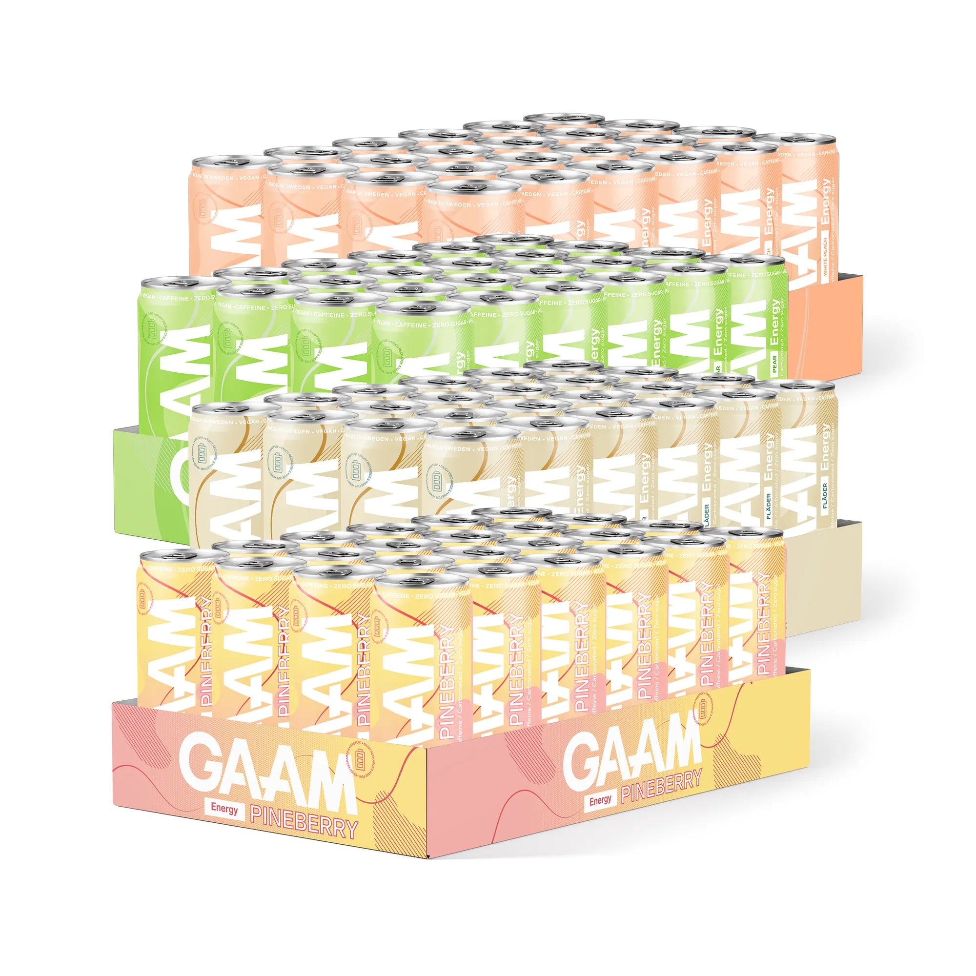 96 x GAAM Energy 330 ml Mixflak, neljä pinottua laatikkoa värikkäitä energiajuomatölkkejä eri mauissa.