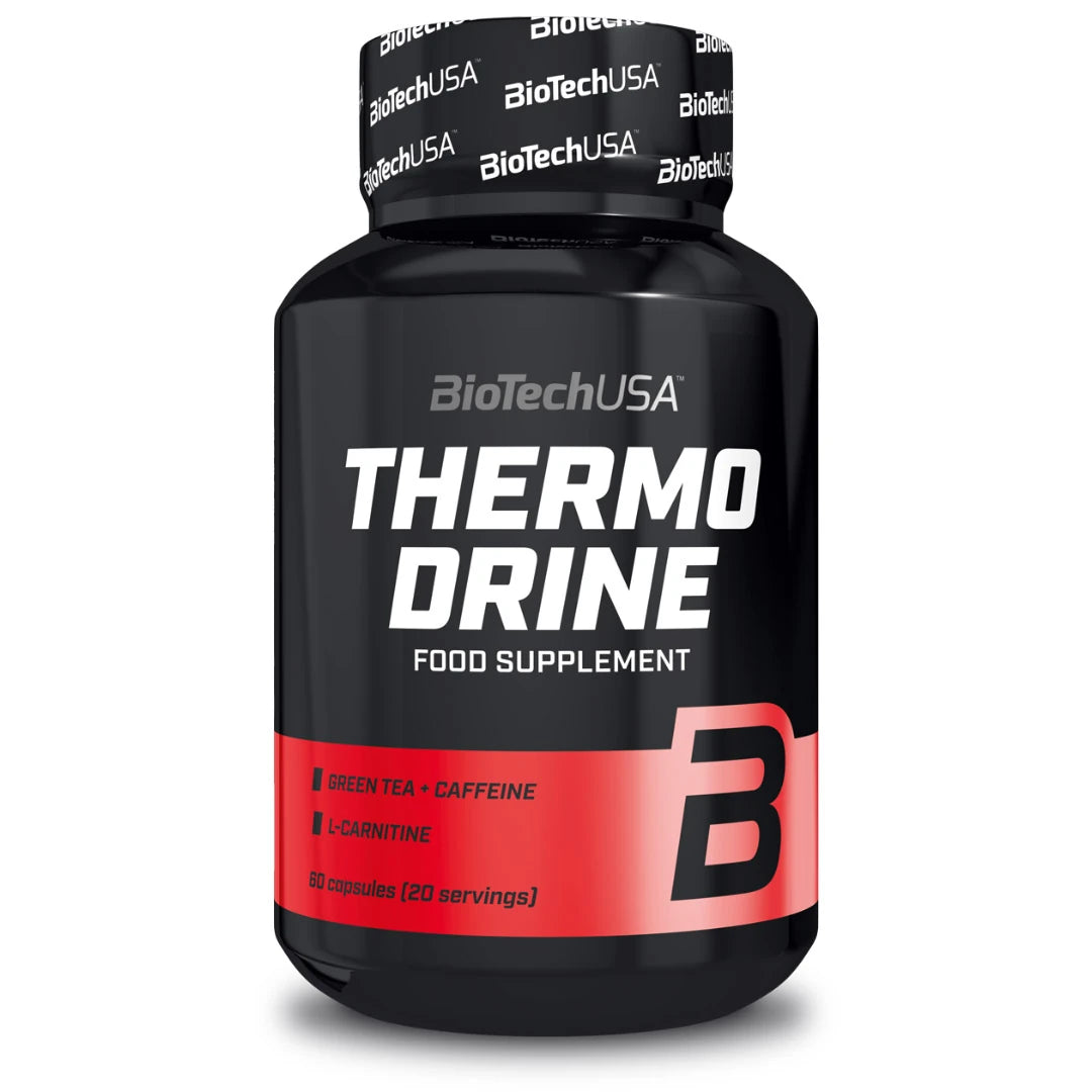 BioTechUSA Thermo Drine 60 caps -rasvanpolttaja, musta purkki valkoisella tekstillä ja punaisilla yksityiskohdilla.