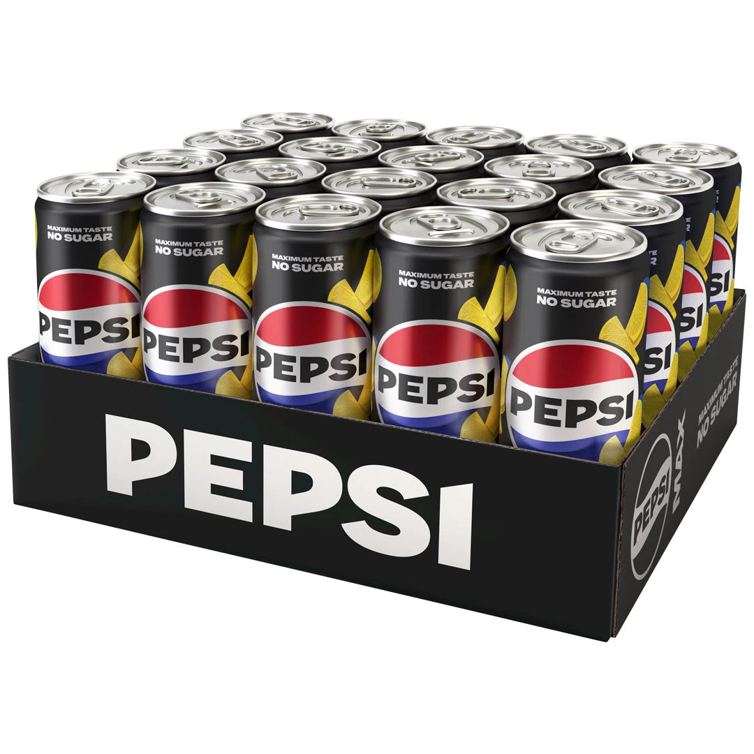 20 x Pepsi MAX 330 ml Lemon i ett svart pappflak fyllt med svarta burkar med guldiga citrondetaljer.