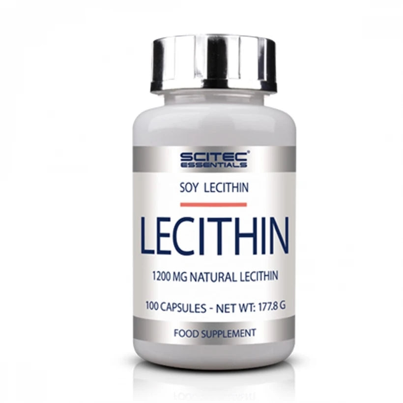 Valkoinen purkki, jossa on hopeanvärinen kansi ja Scitec Nutrition Lecithin 100 caps selkeällä sinisellä tekstillä.