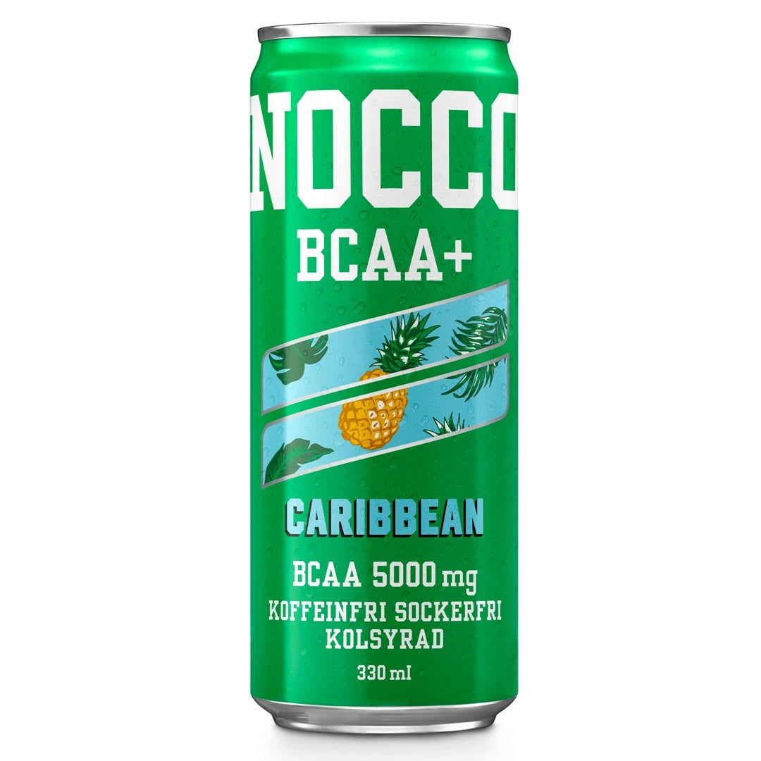 Vihreä alumiinitölkki NOCCO BCAA+ 330 ml -juomaa makuna Caribbean.