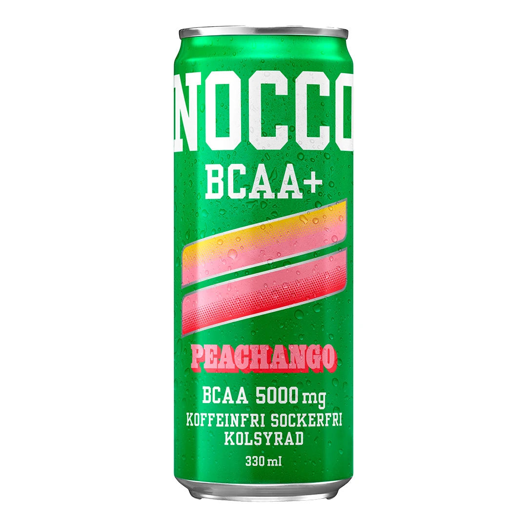 Vihreä, huurteinen NOCCO BCAA+ 330 ml -tölkki makuna Peachango.
