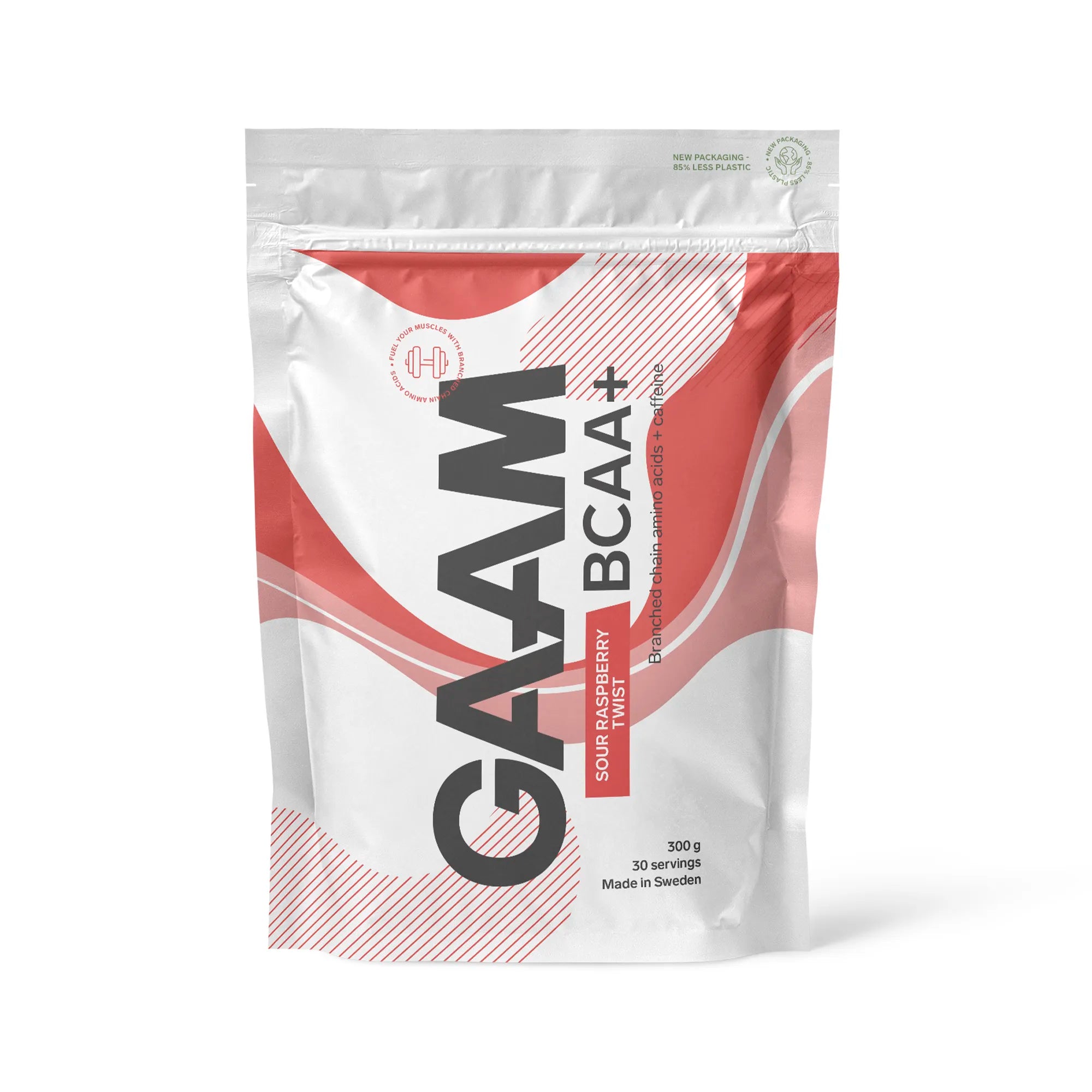 GAAM BCAA + Caffeine 300 g -aminohappojauhe valkoisessa pussissa punaisilla yksityiskohdilla, makuna Sour Raspberry Twist.