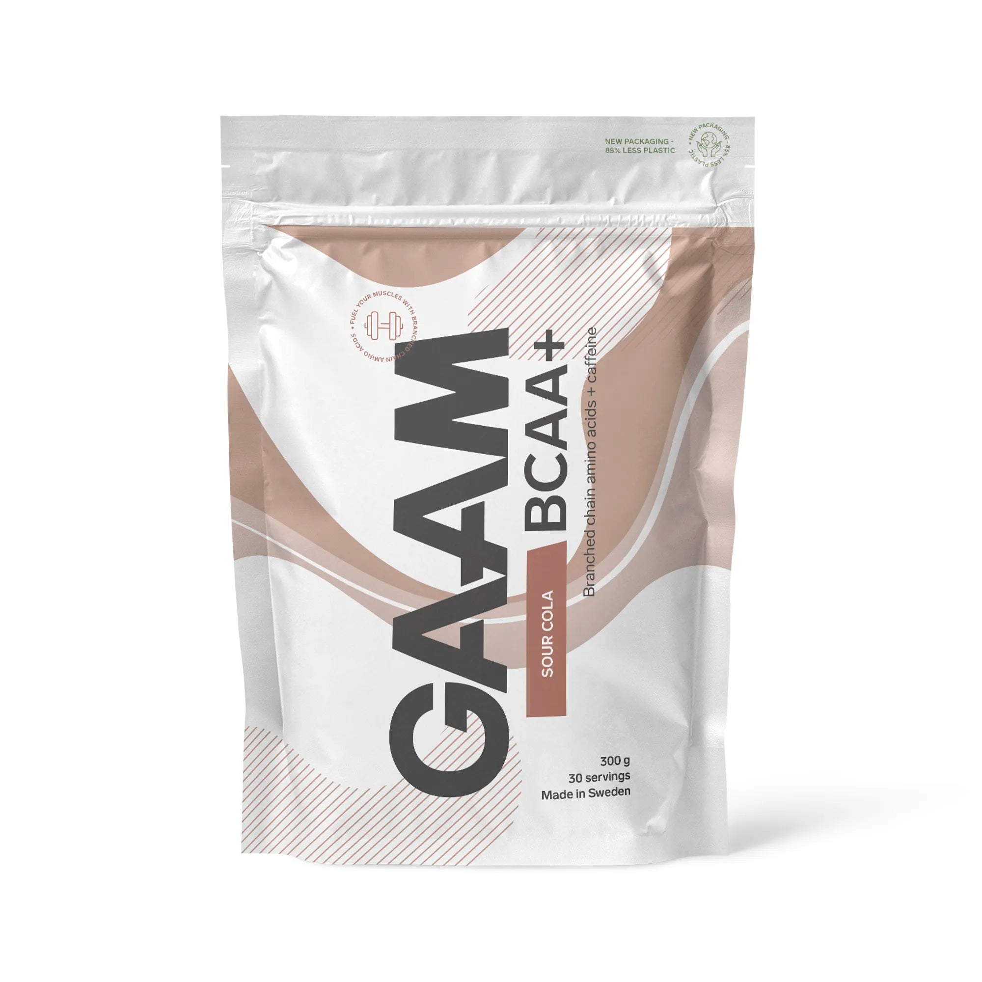 GAAM BCAA + Caffeine 300 g -aminohappojauhe valkoisessa pussissa ruskeilla yksityiskohdilla, makuna Sour Cola.