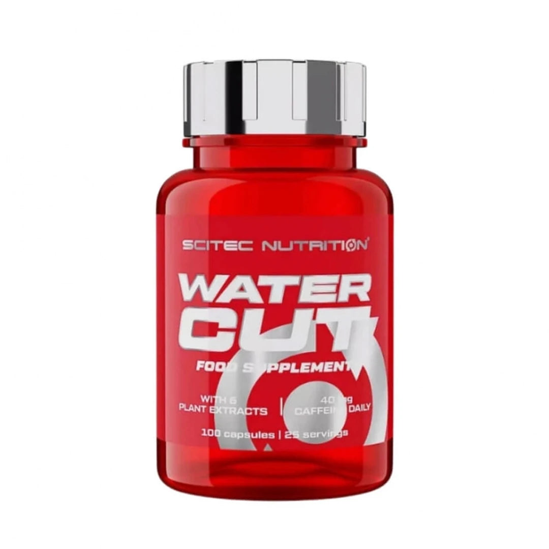 Scitec Nutrition Water Cut 100 caps -nestettä poistava ravintolisä punaisessa, hopeakorkkisessa purkissa.