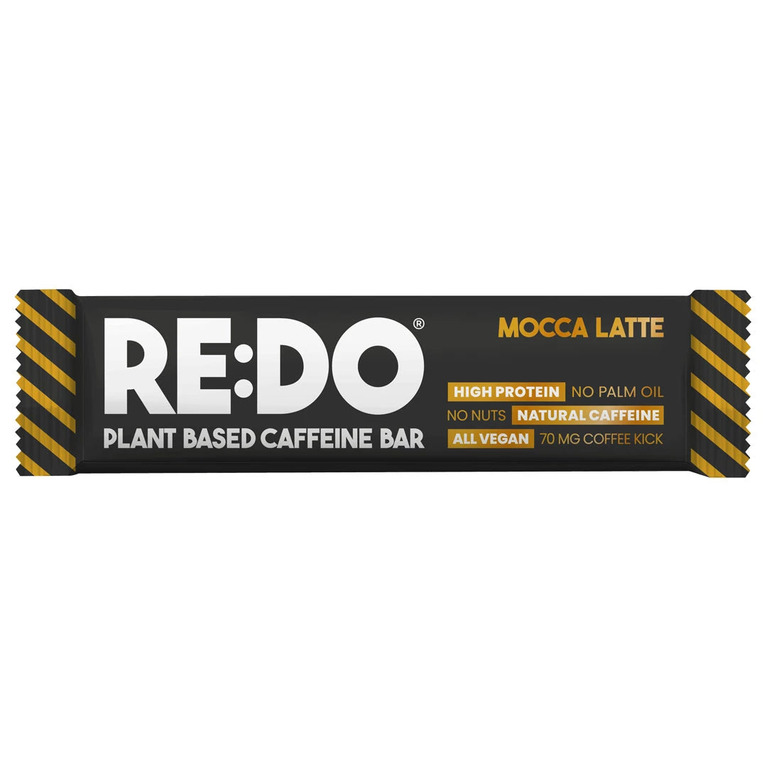 REDO Koffein Bar 60 g mustassa pakkauksessa keltaisilla yksityiskohdilla, makuna Mocca Latte.