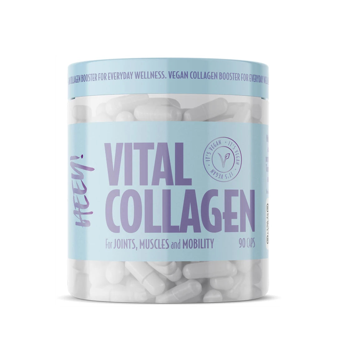 Heey! Vital Collagen + Mineraler 90 kapselia läpinäkyvässä purkissa, jossa on vaaleansininen etiketti ja violetti teksti.