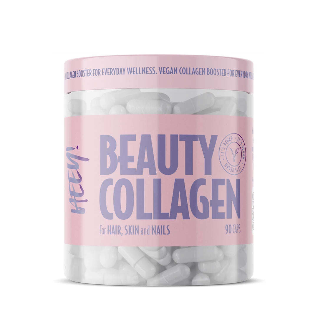 Heey! Beauty Collagen + Hyaluronsyra 90 caps läpinäkyvässä purkissa, jossa on vaaleanpunainen etiketti.