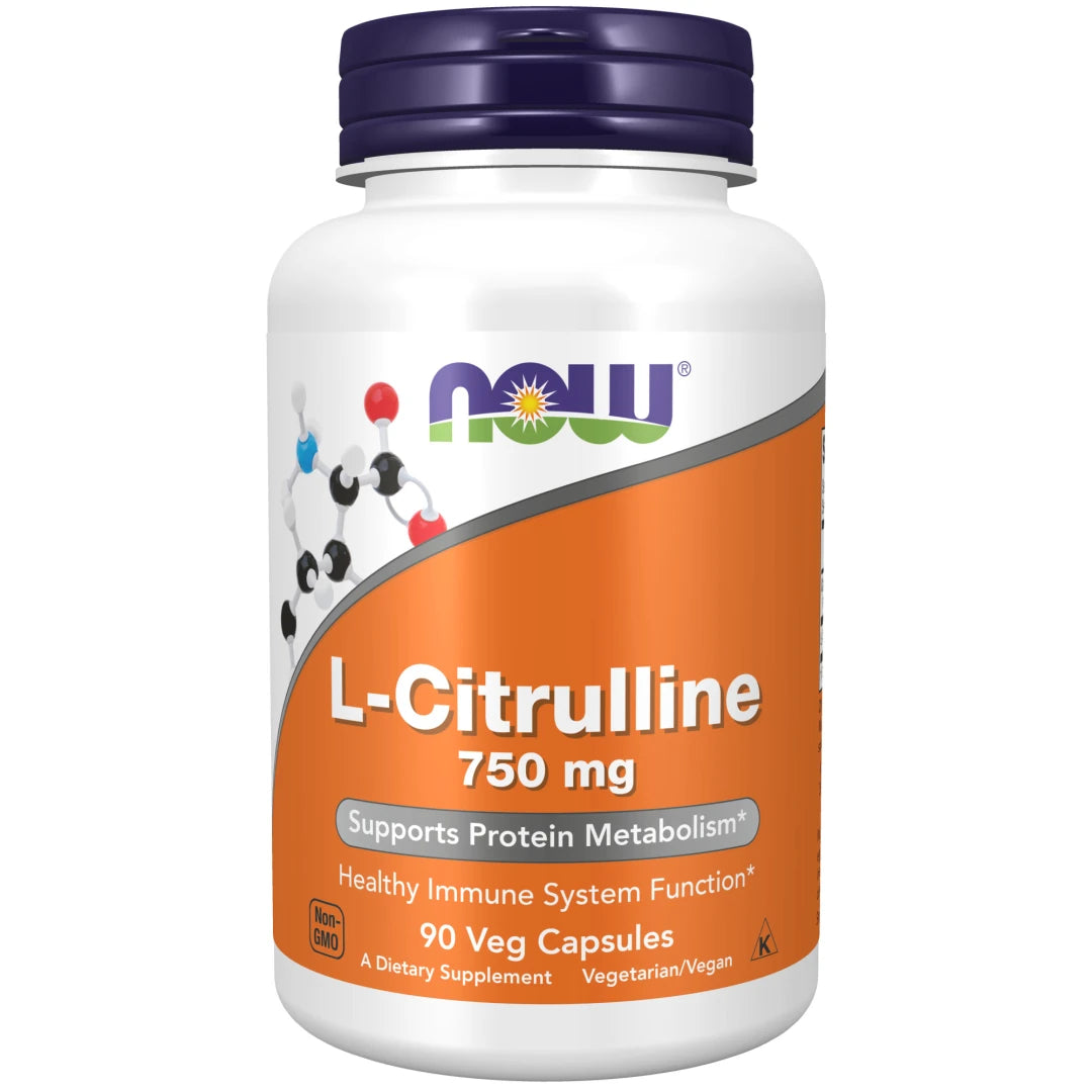 NOW L-Citrulline 750 mg 90 caps -ravintolisä valkoisessa purkissa, jossa on tummansininen kansi ja oranssi etiketti.