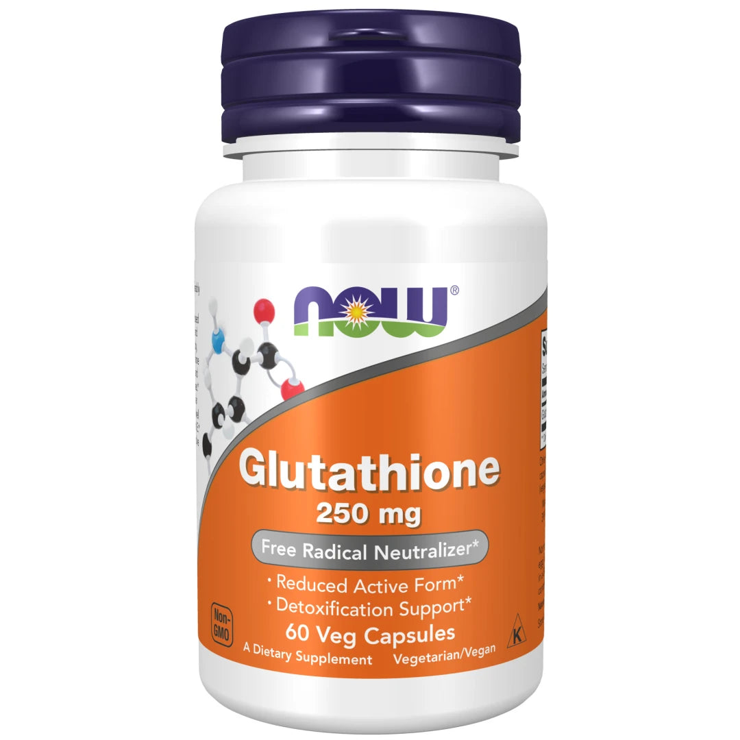 NOW Glutathione 250 mg 60 caps valkoisessa purkissa, jossa on violetti kansi ja oranssi etiketti.