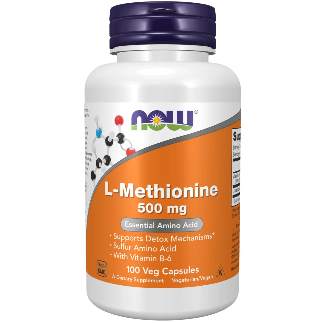 NOW L-Methionine 500 mg 100 caps -vegaaniravintolisä valkoisessa purkissa tummansinisellä kannella ja oranssilla etiketillä.