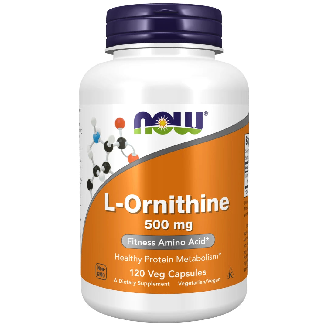 NOW L-Ornithine 500 mg 120 caps valkoisessa purkissa, jossa on oranssi etiketti ja tummanvioletti korkki.