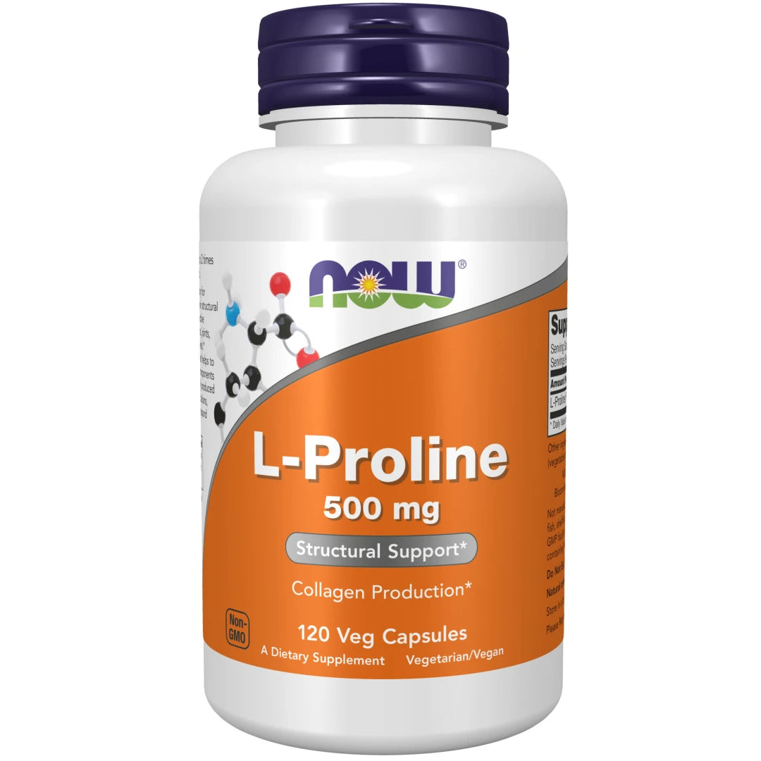 NOW L-Proline 500 mg 120 caps -ravintolisä valkoisessa purkissa, jossa on oranssi etiketti ja violetti korkki.