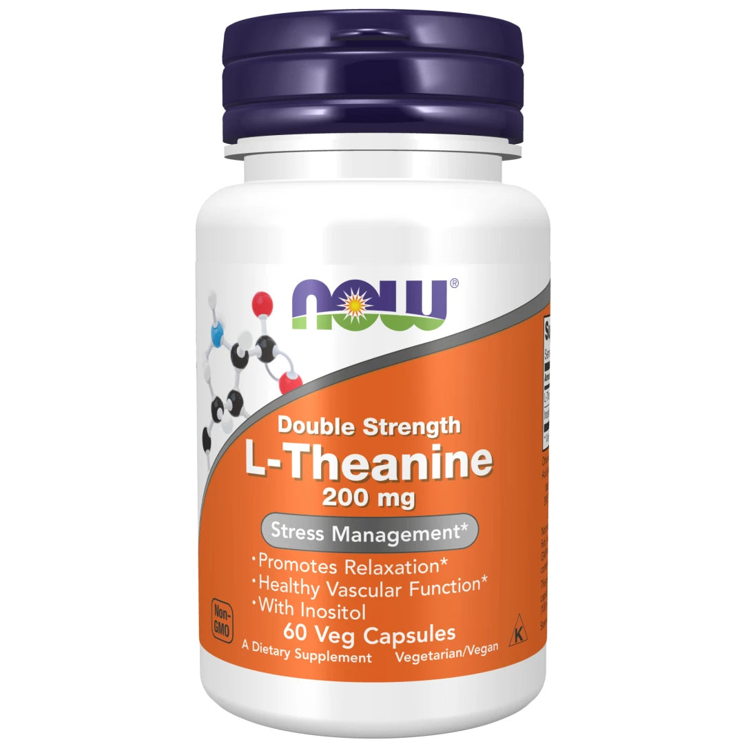 NOW L-Theanine 200 mg 60 caps valkoisessa purkissa, jossa on liila kansi ja oranssi etiketti.