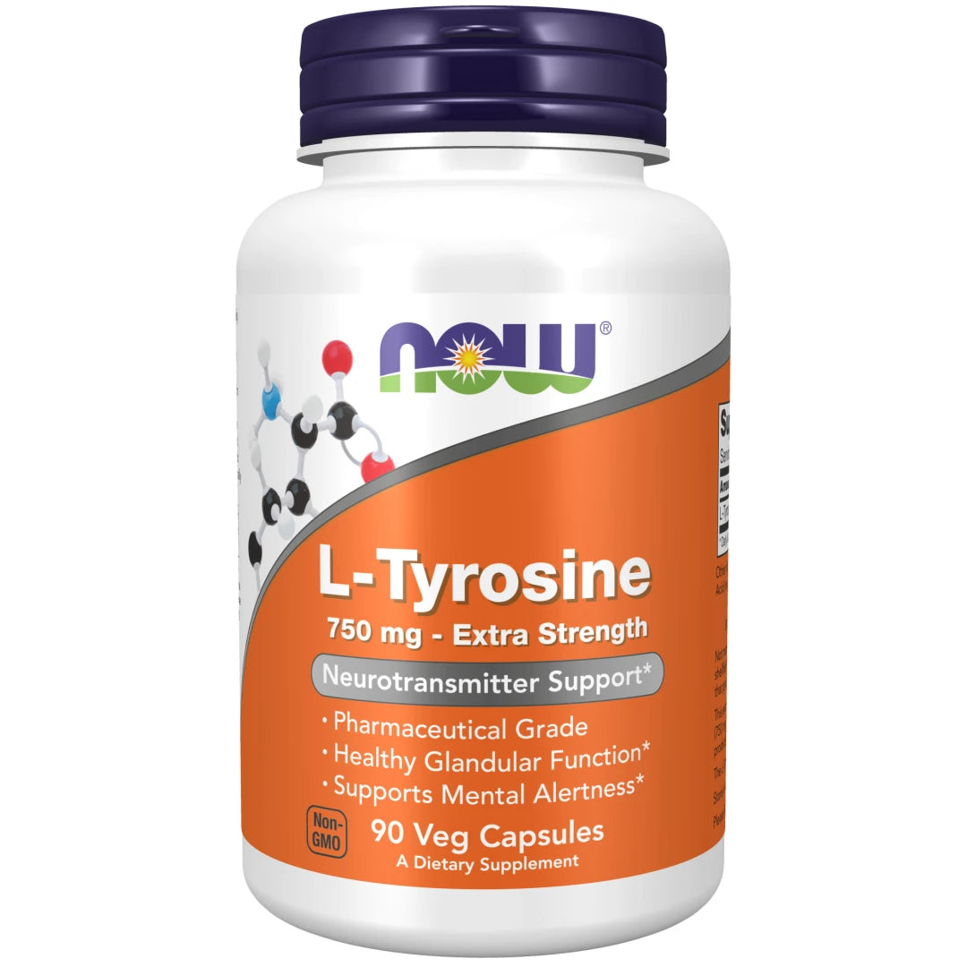NOW L-Tyrosine 750 mg 90 caps valkoisessa purkissa, jossa on oranssi etiketti ja tummansininen kansi.