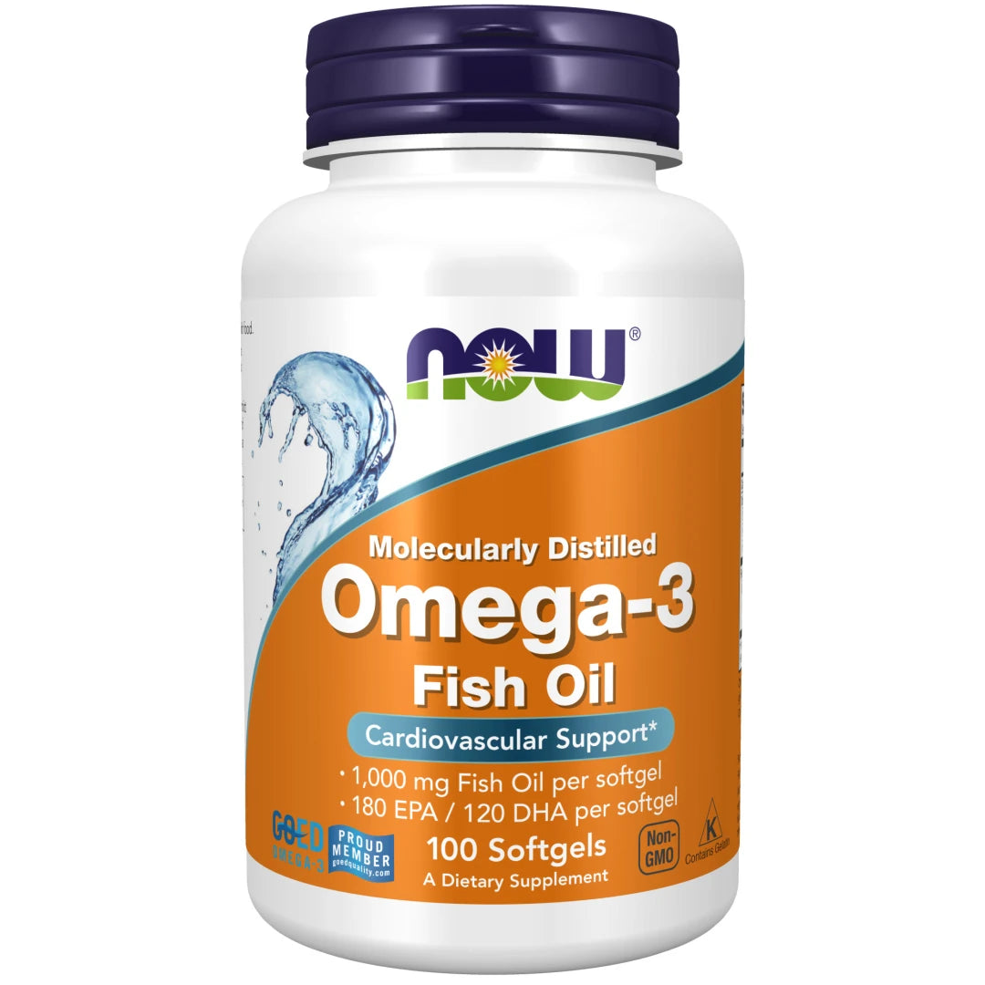 NOW Omega-3 100 caps valkoisessa muovipurkissa, jossa on tummansininen kansi ja erottuva oranssi etiketti.