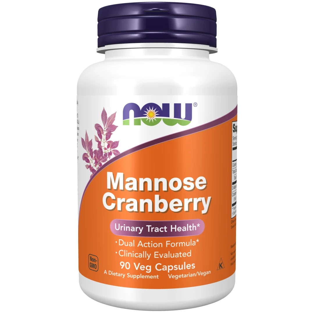 NOW Mannose Cranberry 90 caps -ravintolisä valkoisessa purkissa, jossa on oranssi etiketti ja tummanliila kansi.