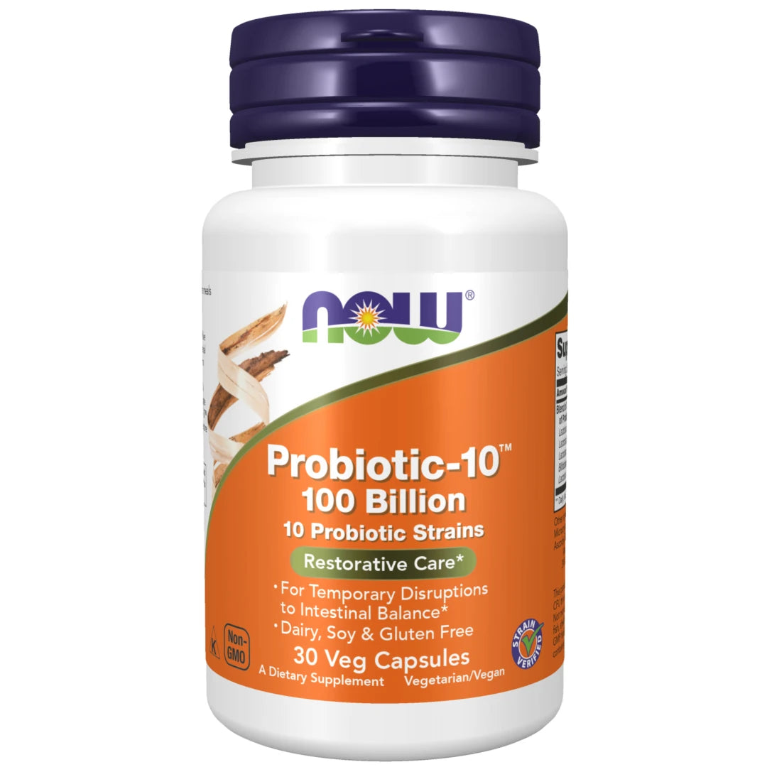 NOW Probiotic-10 100 billion 30 caps valkoisessa muovipurkissa, jossa on tummansininen kansi ja oranssi etiketti.