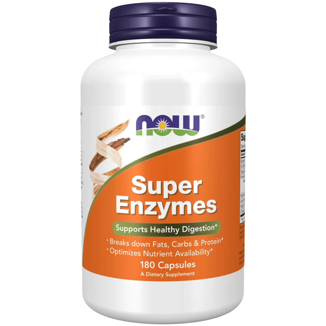NOW Super Enzymes 180 caps valkoisessa purkissa, jossa on oranssi etiketti ja tummansininen kansi.