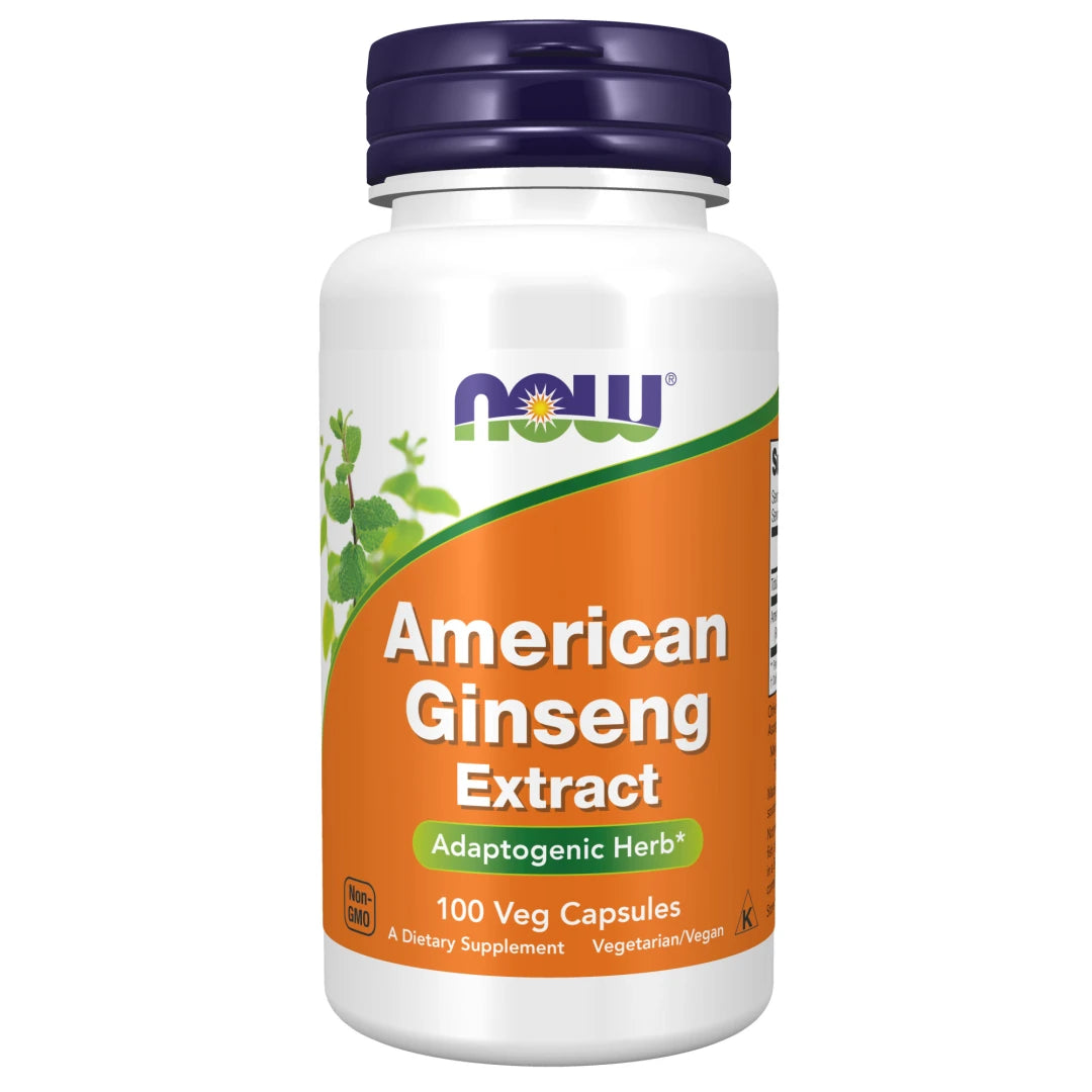 NOW American Ginseng 100 caps valkoisessa purkissa, jossa on liila kansi ja oranssi etiketti.