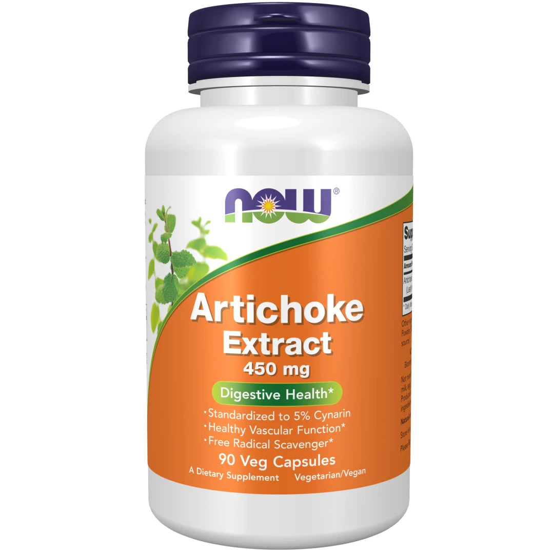 NOW Artichoke Extract 450 mg 90 caps -ravintolisä valkoisessa purkissa, jossa on tummansininen kansi ja oranssi etiketti.