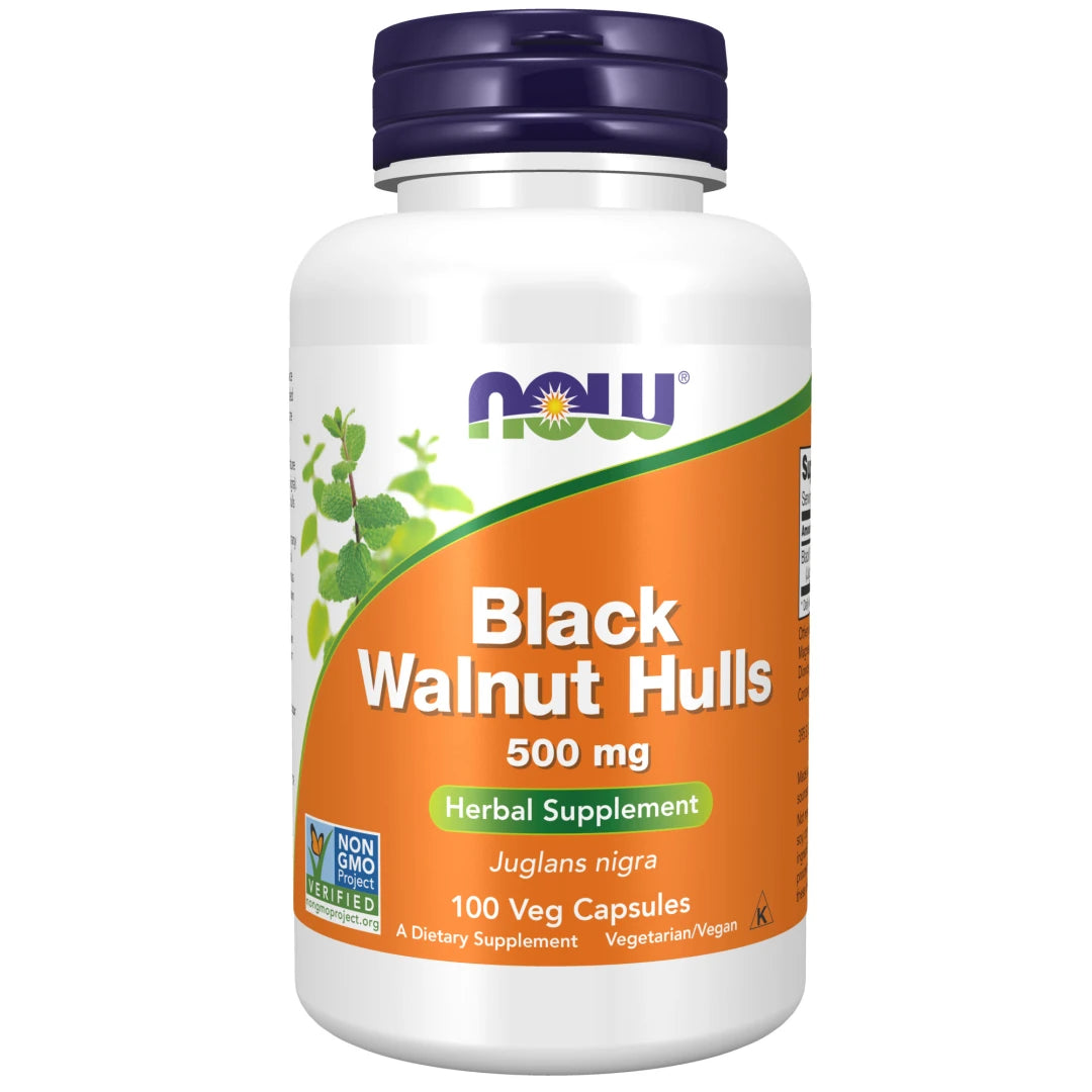 NOW Black Walnut Hulls 500 mg 100 caps valkoisessa purkissa, jossa on oranssi etiketti ja tummanvioletti kansi.