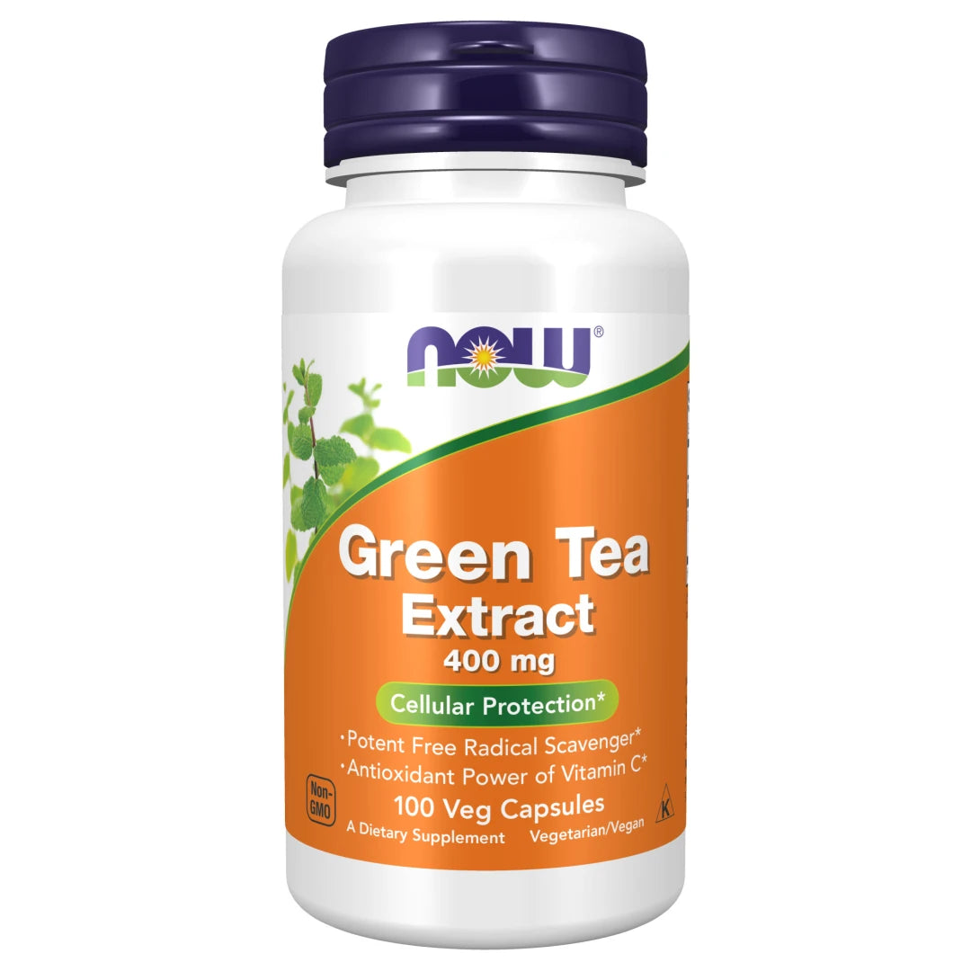 NOW Green Tea Extract 400 mg 100 caps -ravintolisä valkoisessa purkissa, jossa on oranssi etiketti ja tummanvioletti korkki.