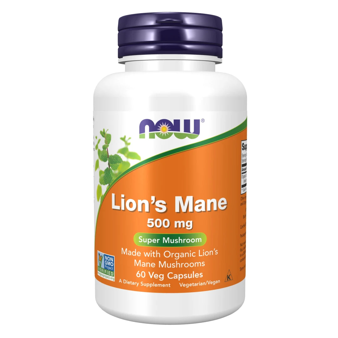 NOW Lions Mane 500 mg 60 caps valkoisessa purkissa, jossa on oranssi etiketti ja tummanvioletti kansi.