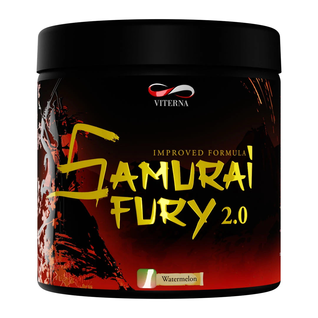 Viterna Samurai Fury 2.0 375 g pre-workout mustassa purkissa tummanpunaisella designilla, makuna Watermelon.