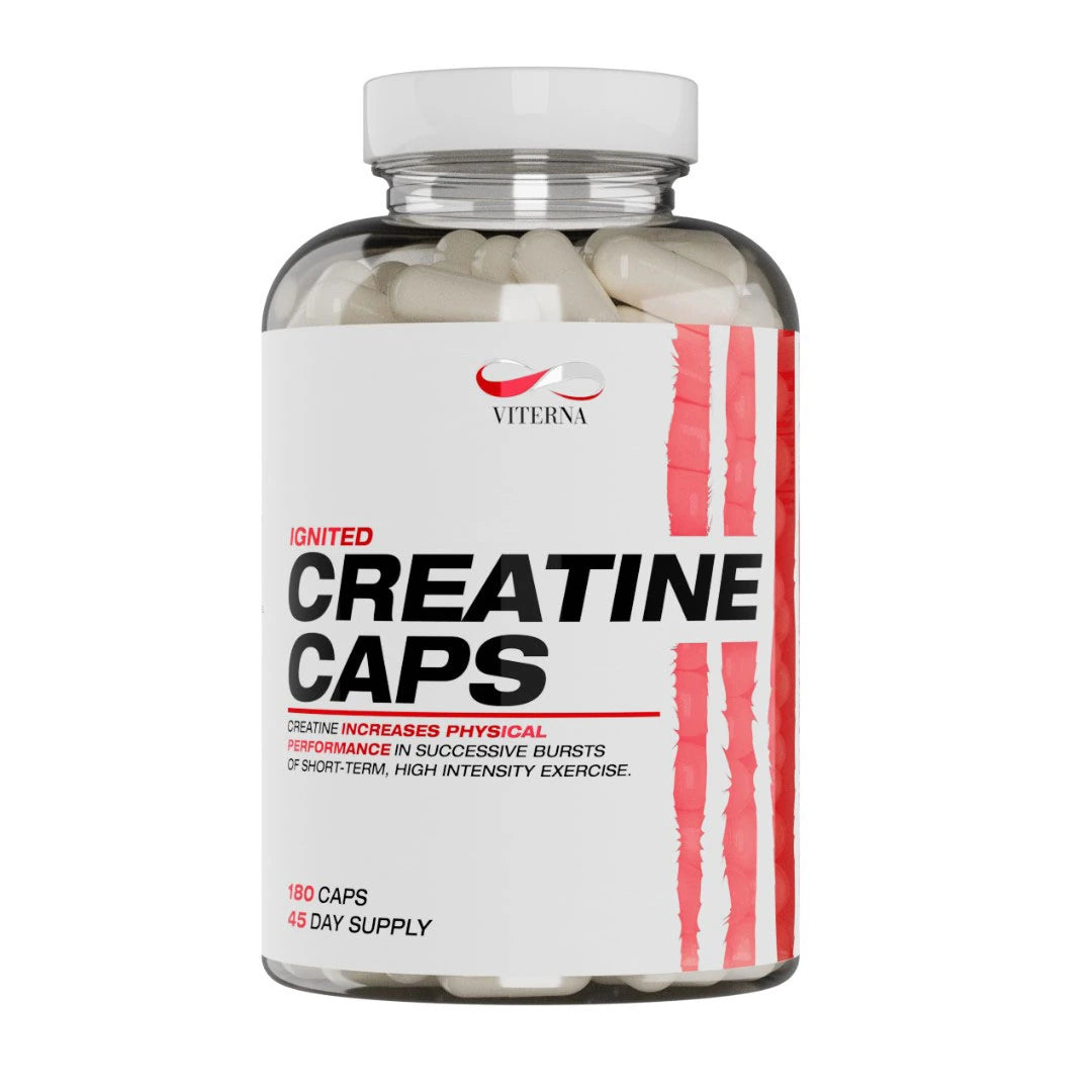 Viterna Ignited Creatine 180 caps läpinäkyvässä purkissa, jossa on valkoisia kapseleita ja punavalkoinen etiketti.