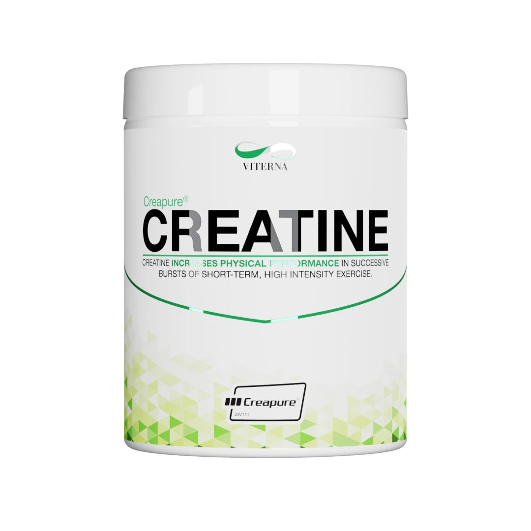 Viterna Creapure 300 g -kreatiinijauhe valkoisessa purkissa vihreillä geometrisillä yksityiskohdilla.