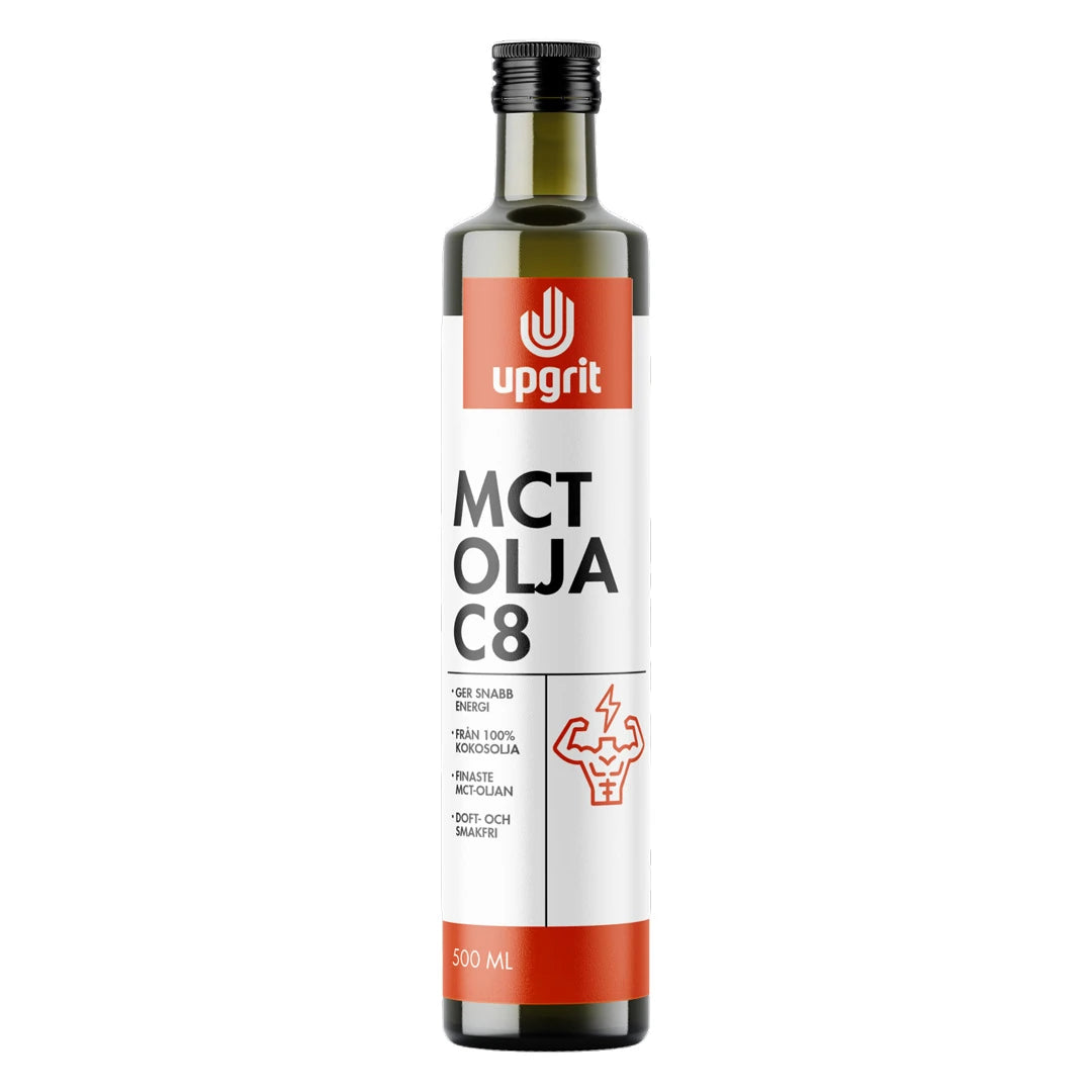 Upgrit C8 MCT-öljy 500 ml tummassa lasipullossa, jossa valkoinen etiketti ja oransseja yksityiskohtia.