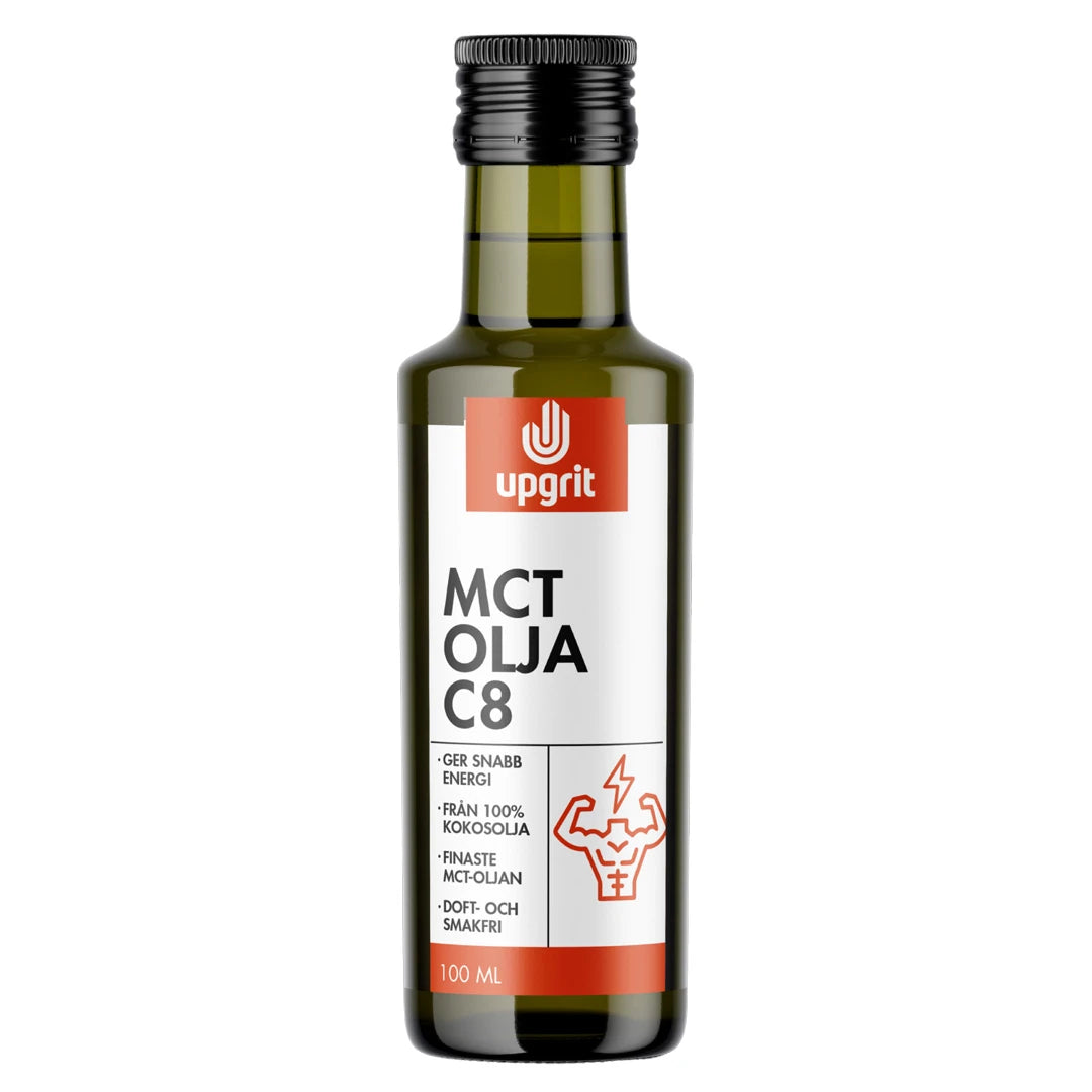 Upgrit C8 MCT-öljy 100 ml tummanvihreässä lasipullossa, jossa on valkoinen ja oranssi etiketti.