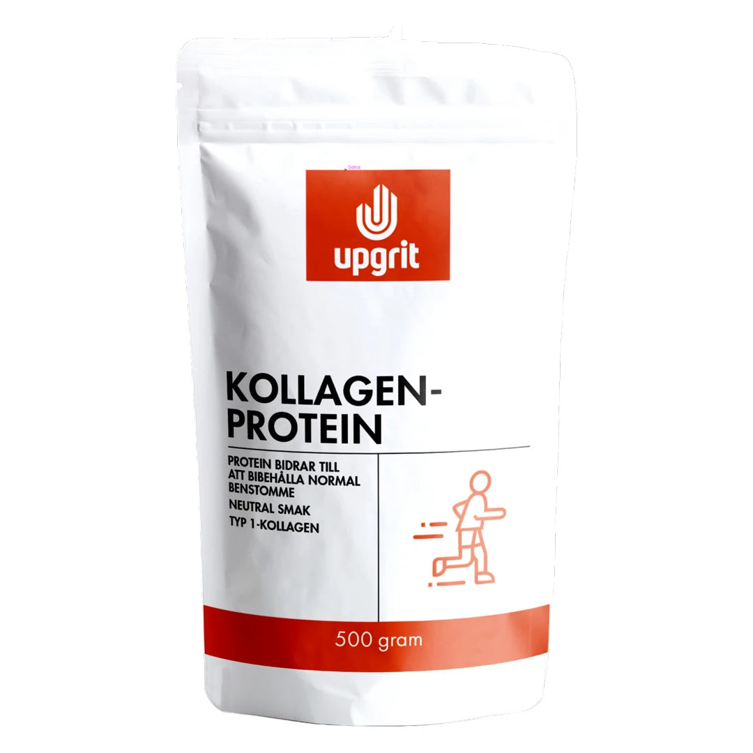 Upgrit Kollagenprotein 500 g valkoisessa pussissa punaisilla ja mustilla yksityiskohdilla, neutraali maku.