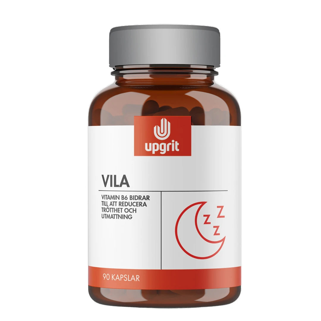 Upgrit Vila 90 caps -ravintolisä ruskeassa purkissa, jossa on hopeinen kansi ja valko-punainen etiketti.