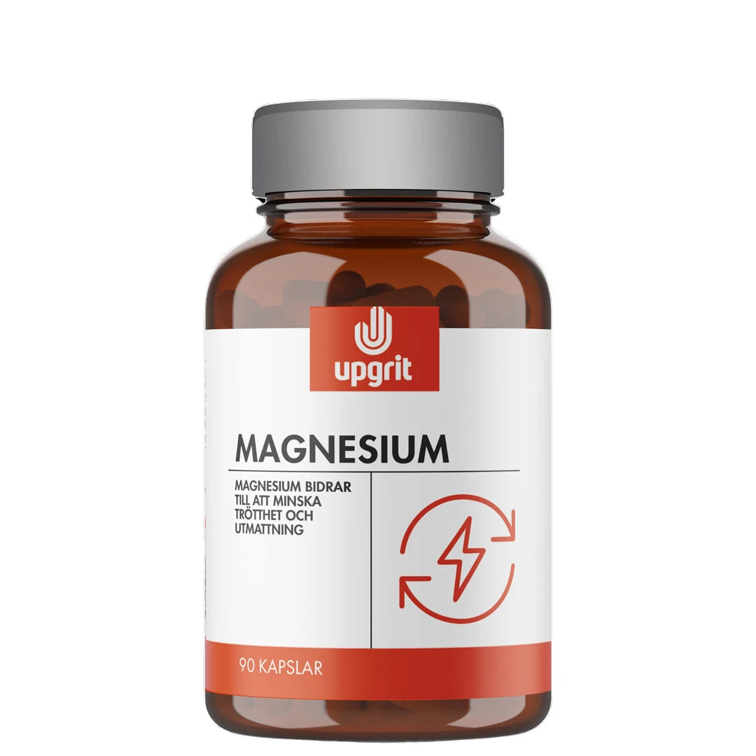 Upgrit Magnesium 90 caps -ravintolisä ruskeassa purkissa valkoisella etiketillä ja punaisilla yksityiskohdilla.