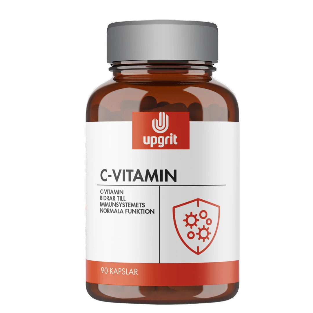 Upgrit C-vitamin 90 caps ruskeassa purkissa, jossa valkoinen etiketti, hopeakansi ja punainen kilpi.