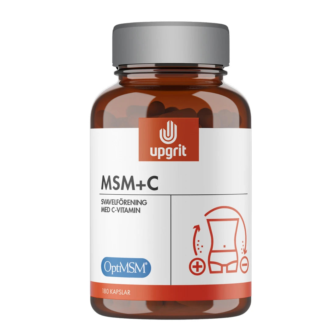 Upgrit MSM + C 180 caps pakattuna ruskeaan muovipurkkiin, jossa on valkoinen etiketti ja harmaa kansi.
