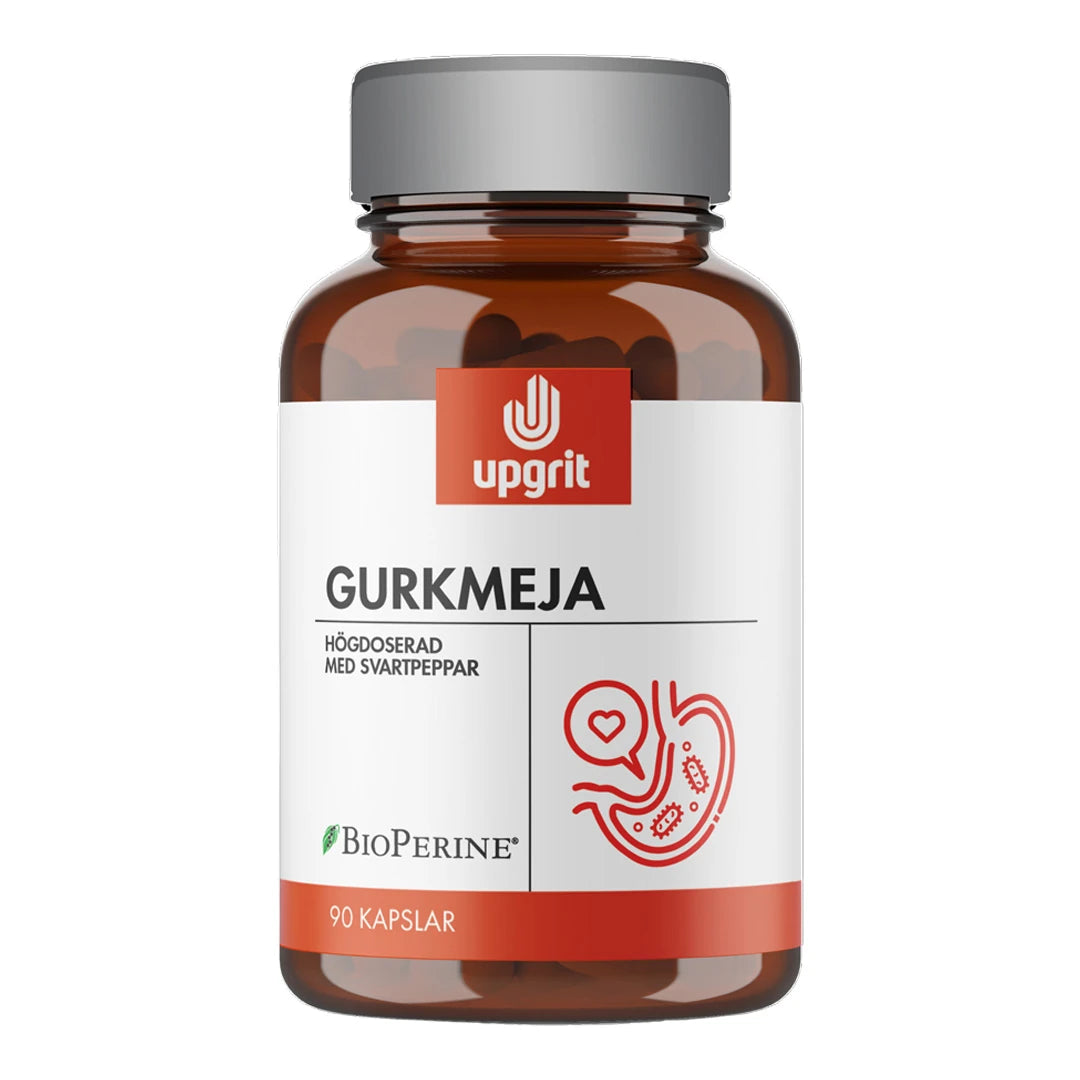 Upgrit Gurkmeja 90 caps -ravintolisä ruskeassa purkissa, jossa on hopeinen kansi ja valko-oranssi etiketti.
