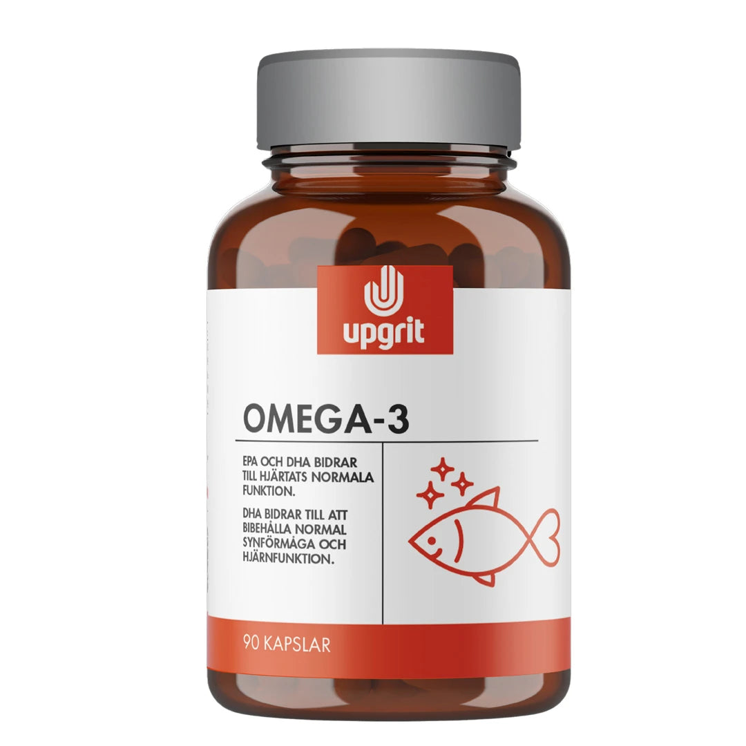 Upgrit Omega-3 90 caps tummanruskeassa hopeakantisessa purkissa, jonka valkoisessa etiketissä on punainen kalakuvitus.