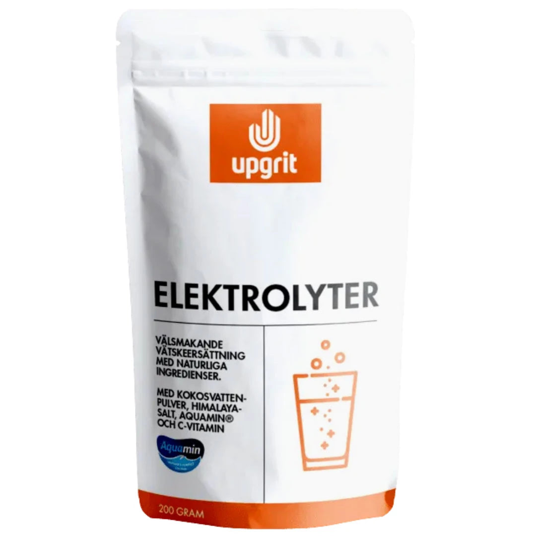 Upgrit Elektrolyter 200 g -elektrolyyttijauhe valkoisessa pussissa oransseilla yksityiskohdilla.