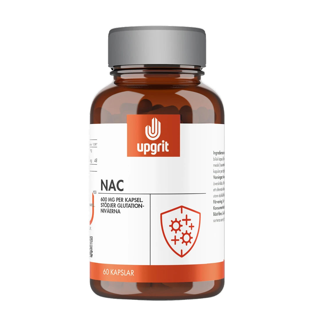 Upgrit NAC 60 caps -ravintolisä tummanruskeassa purkissa, harmaalla kannella ja valko-oranssilla etiketillä.