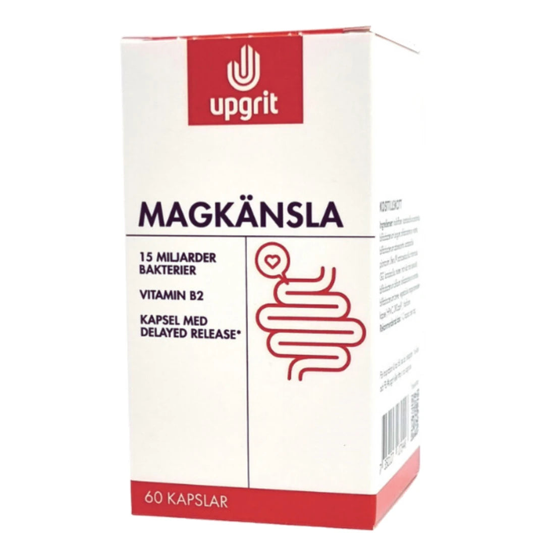 Upgrit Magkänsla Mjölksyrabakterier 60 caps valkoisessa kartonkipakkauksessa, jossa on punainen logo ja vatsakuvitus.