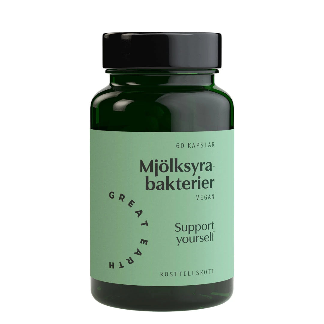 Great Earth Mjölksyrabakterier 60 caps -ravintolisä tummanvihreässä muovipurkissa vaaleanvihreällä etiketillä.