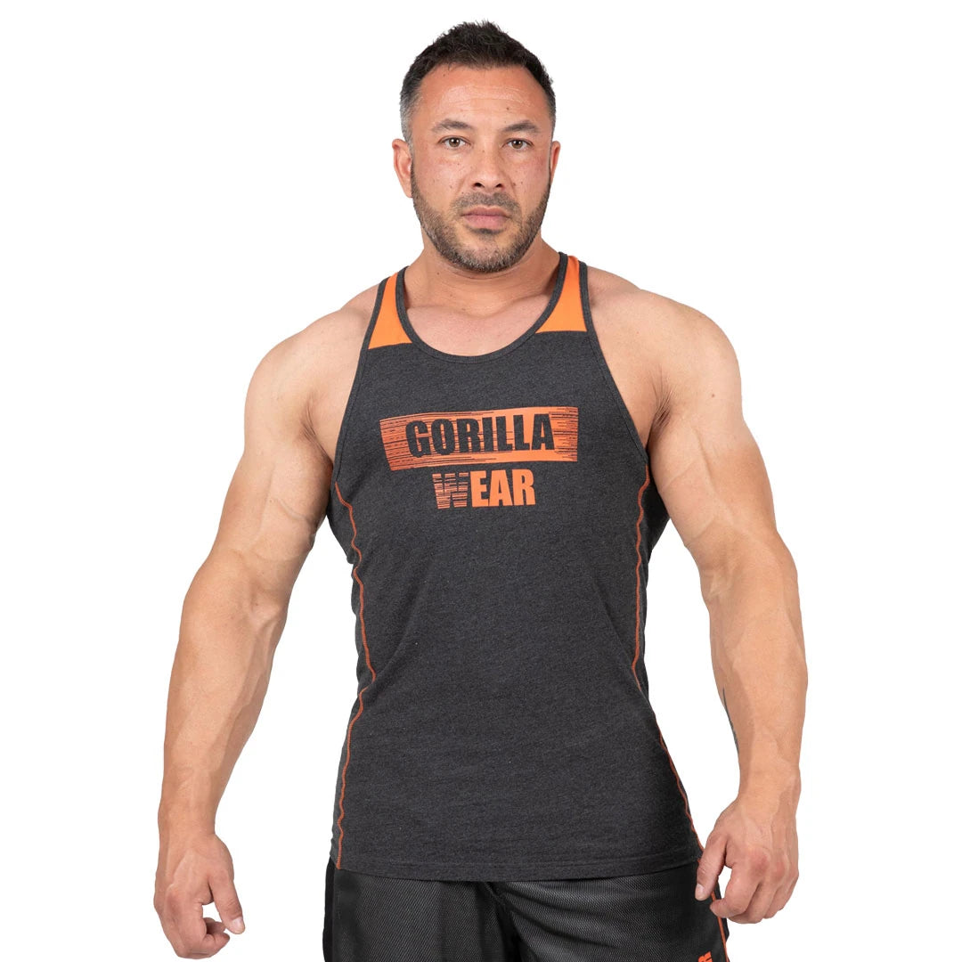 Tummanharmaa puuvillainen Gorilla Wear Wallace Tank Top Grey Orange -treenitoppi oransseilla yksityiskohdilla., kuva 3/8