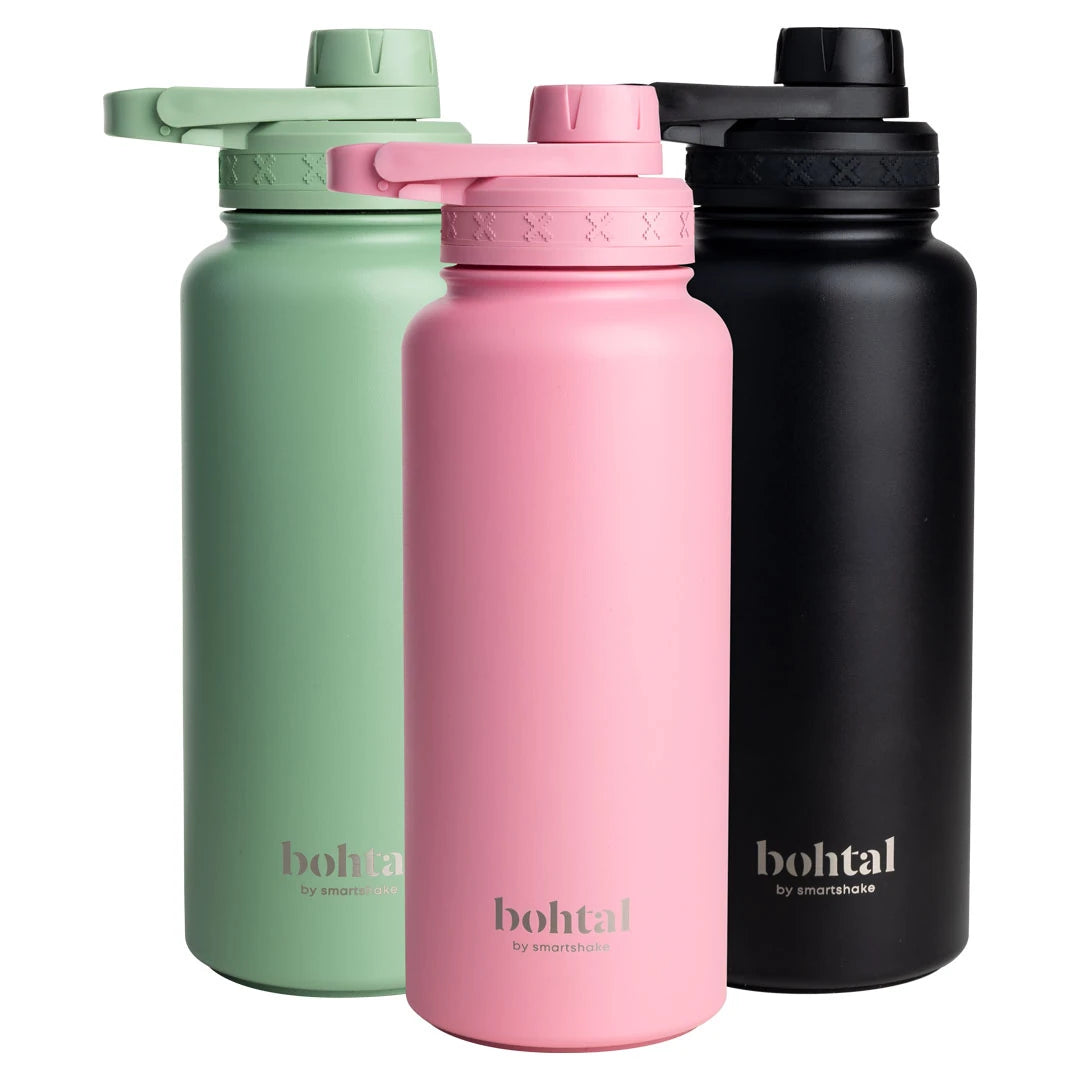 Bohtal Insulated Sports Bottle 960 ml -urheilupullot ruostumatonta terästä vihreänä, pinkkinä ja mustana.